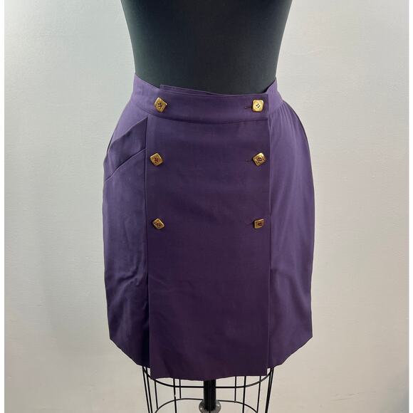 VINTAGE Hanae Mori Purple Pencil Skirt Wool Gold Button Knee Double Split 40 - Picture 3 of 8